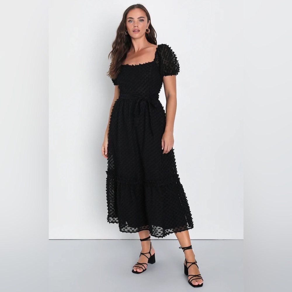 Dramatically Chic Black Clip Dot Puff Sleeve Midi… - image 4